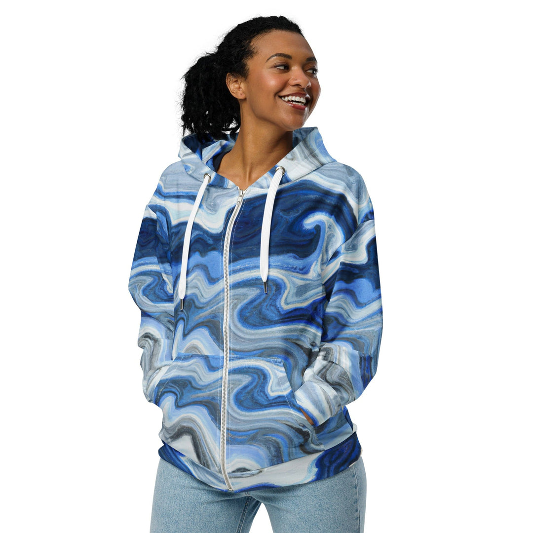 Womens Graphic Zip Hoodie Blue Grey Marble Print