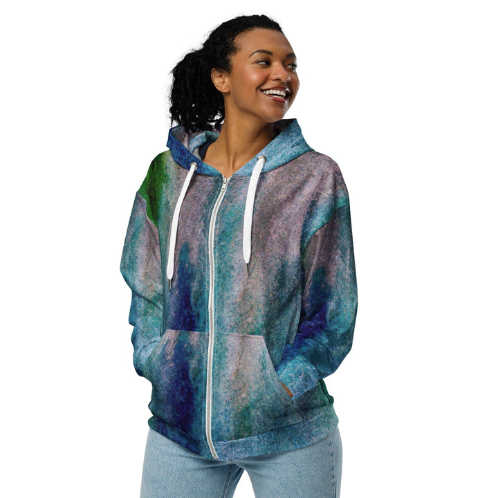 Womens Graphic Zip Hoodie Blue Hue Watercolor Abstract Print