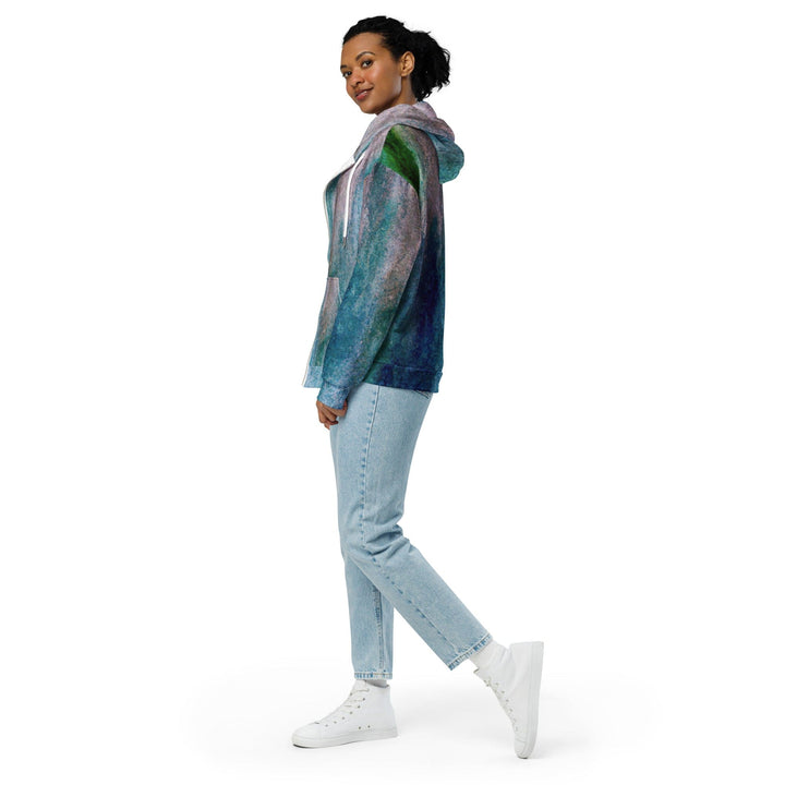 Womens Graphic Zip Hoodie Blue Hue Watercolor Abstract Print