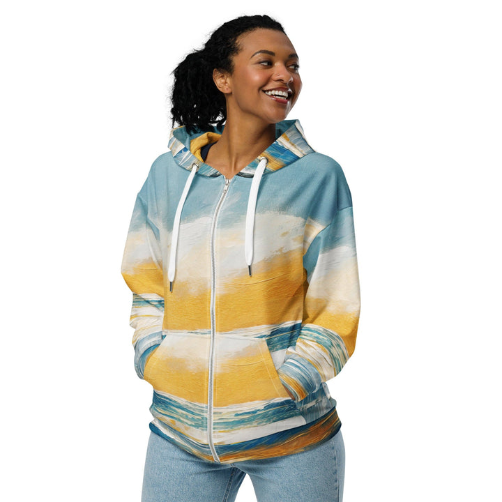 Womens Graphic Zip Hoodie Blue Ocean Golden Sunset Print