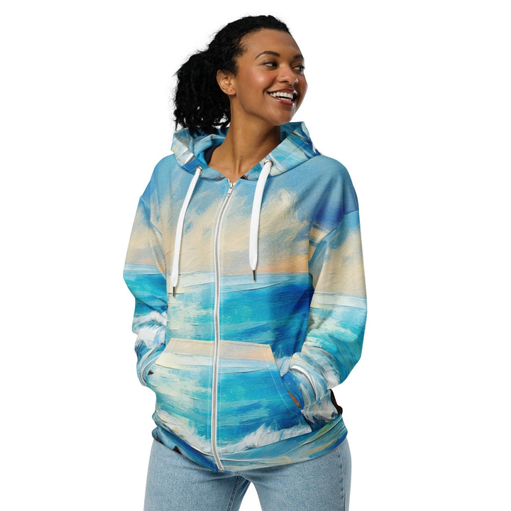 Womens Graphic Zip Hoodie Blue Ocean Print