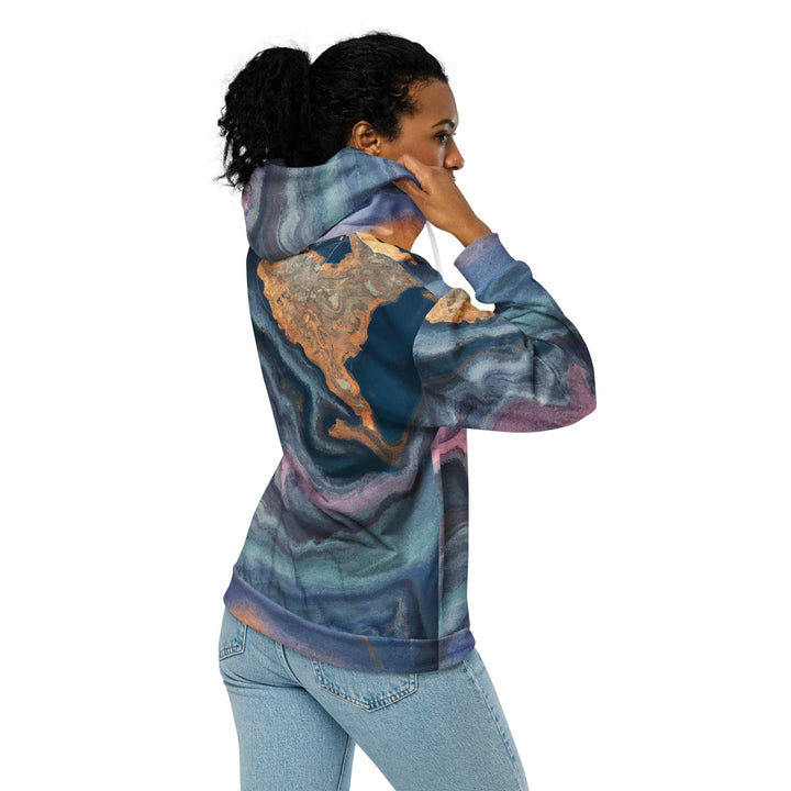 Womens Graphic Zip Hoodie Blue Pink Marble Swirl Print