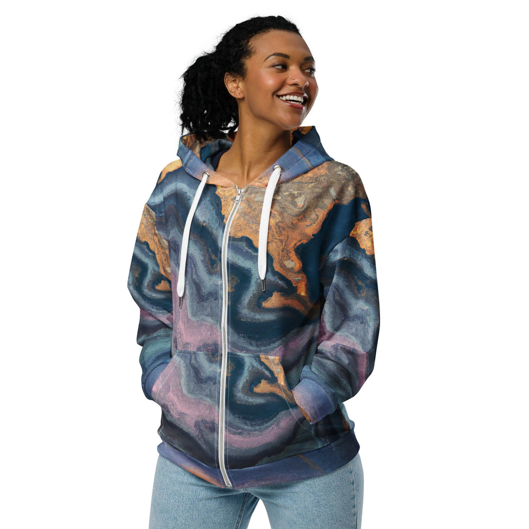 Womens Graphic Zip Hoodie Blue Pink Marble Swirl Print