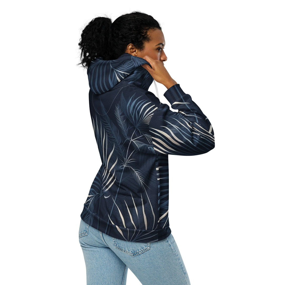 Womens Graphic Zip Hoodie Blue White Palm Leaves