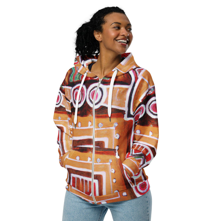 Womens Graphic Zip Hoodie Brown Orange Green Aztec Pattern