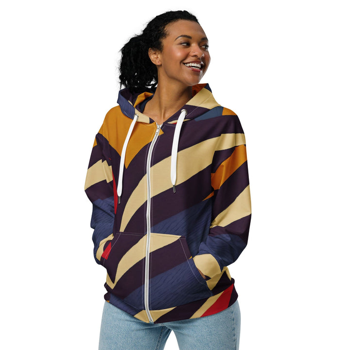 Womens Graphic Zip Hoodie Brown Red Blue Colorblock Lines