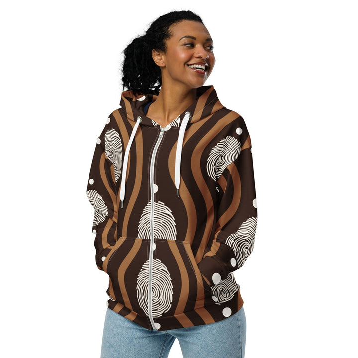 Womens Graphic Zip Hoodie Brown White Geometric Lines