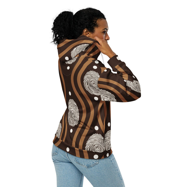 Womens Graphic Zip Hoodie Brown White Geometric Lines