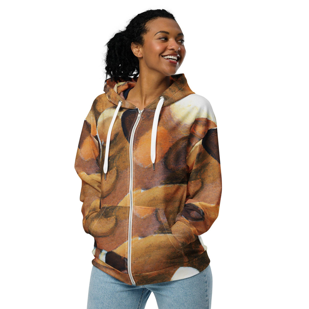 Womens Graphic Zip Hoodie Brown White Stone Pattern