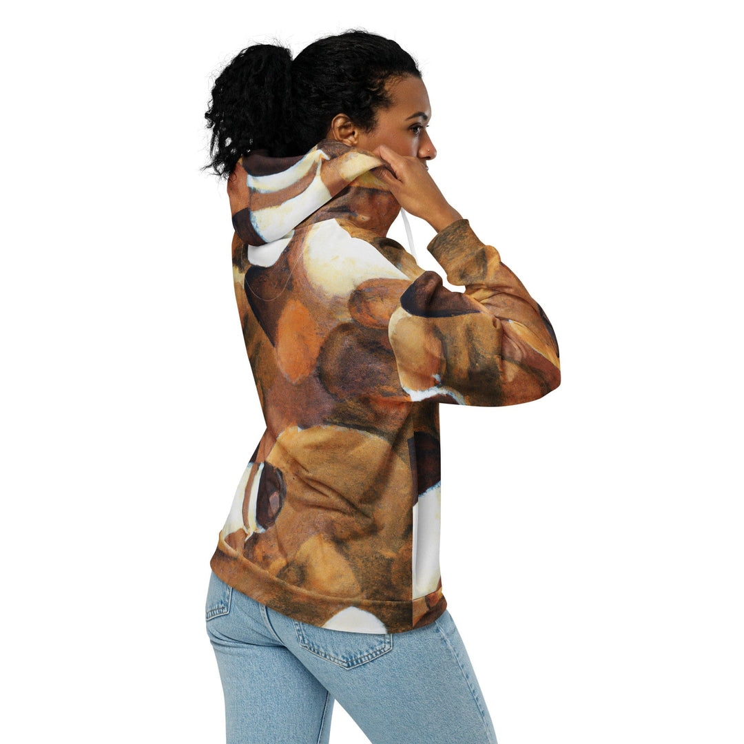 Womens Graphic Zip Hoodie Brown White Stone Pattern