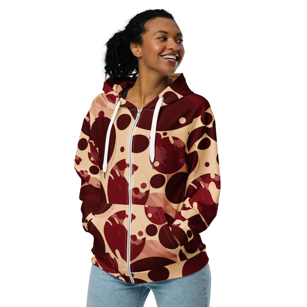 Womens Graphic Zip Hoodie Burgundy Beige Circular Print