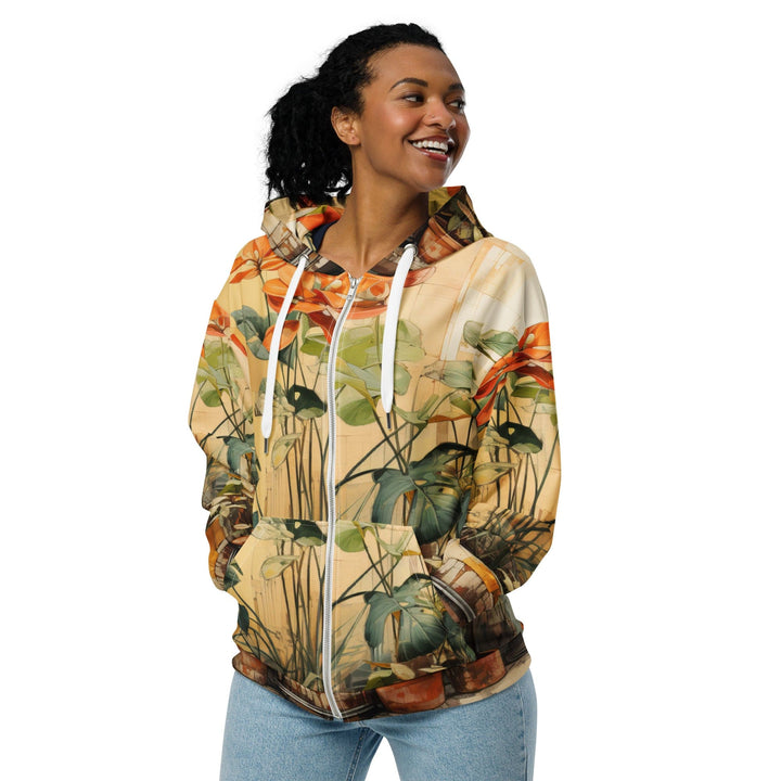 Womens Graphic Zip Hoodie Earthy Rustic Potted Plants Print