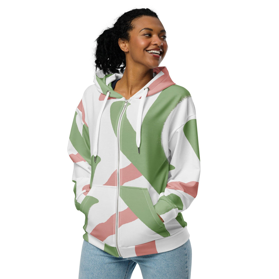 Womens Graphic Zip Hoodie Green Mauve Abstract Brush Stroke Pattern