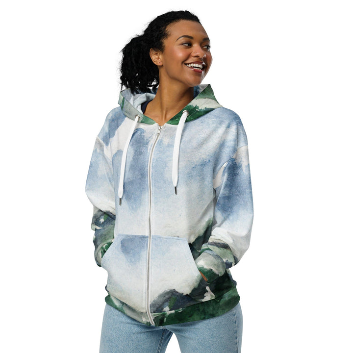 Womens Graphic Zip Hoodie Green Mountainside Nature Landscape Blue