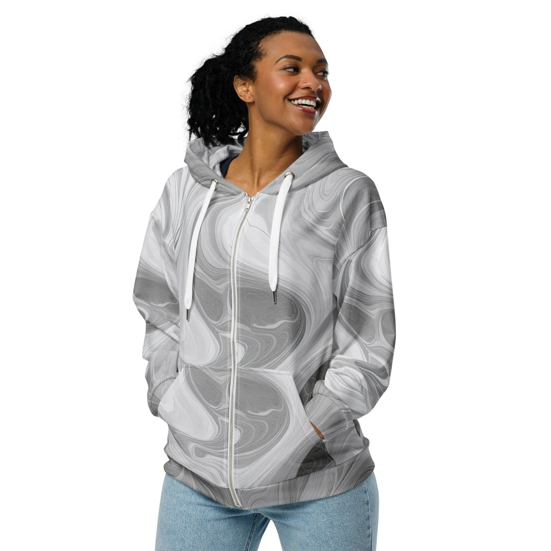 Womens Graphic Zip Hoodie Grey White Boho Marble Print