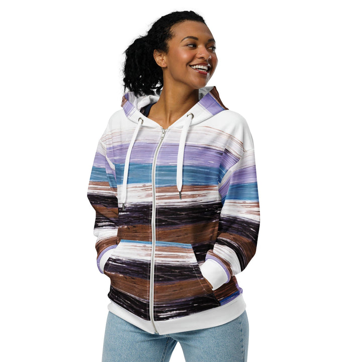 Womens Graphic Zip Hoodie Lavender Black Brown Rustic Pattern