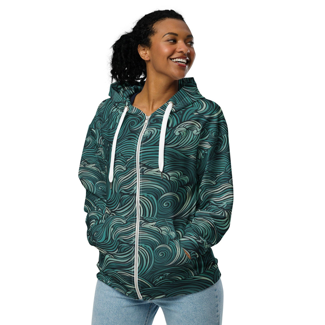 Womens Graphic Zip Hoodie Mint Green Water Wave Print