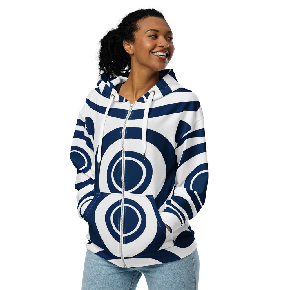 Womens Graphic Zip Hoodie Navy Blue and White Circular Pattern