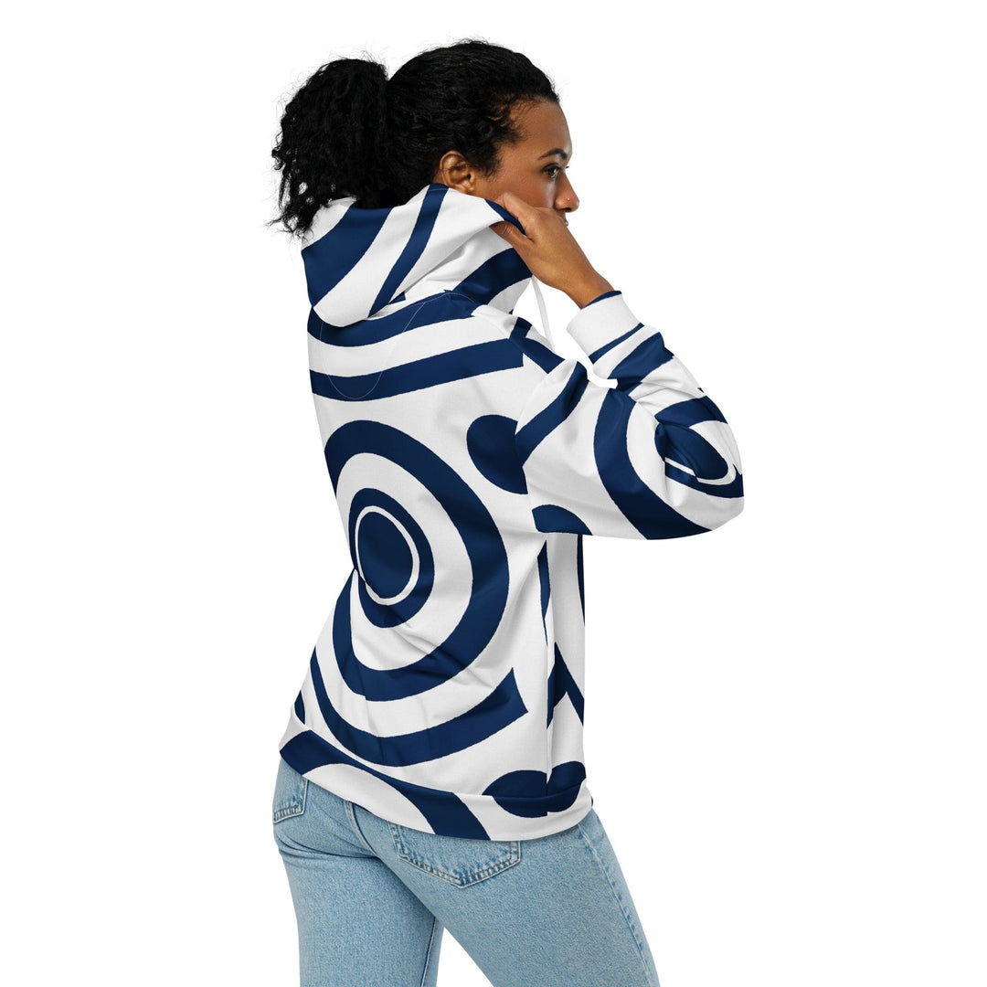 Womens Graphic Zip Hoodie Navy Blue and White Circular Pattern