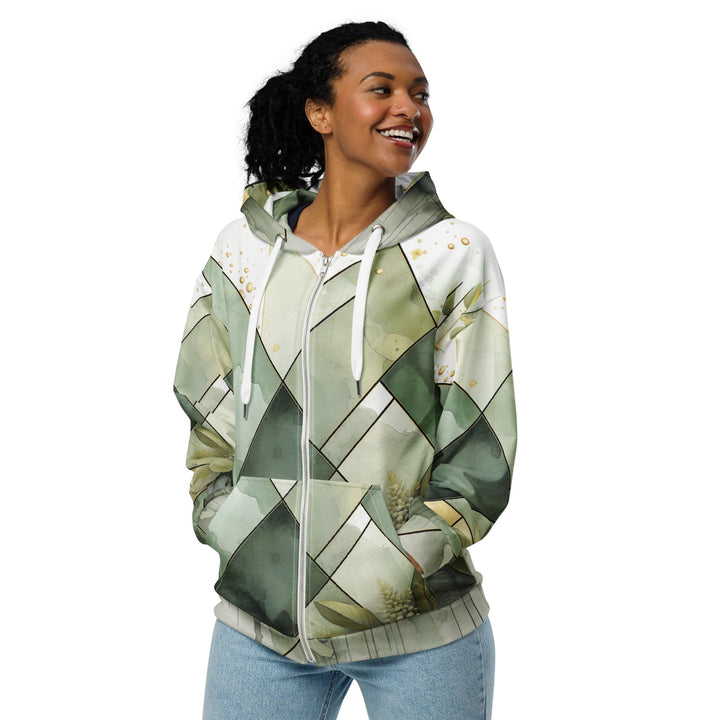 Womens Graphic Zip Hoodie Olive Green Mint Leaf Geometric Print