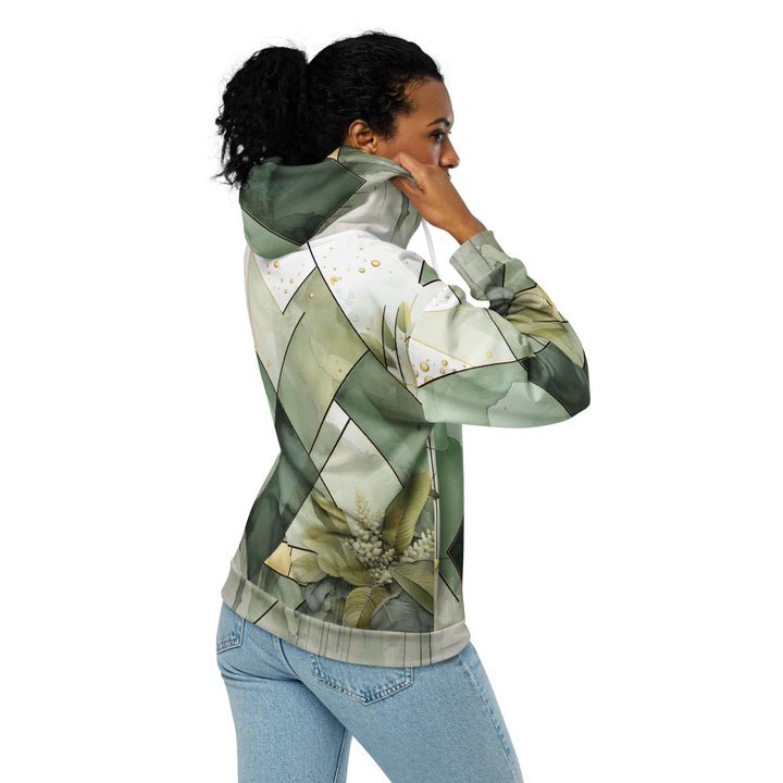 Womens Graphic Zip Hoodie Olive Green Mint Leaf Geometric Print