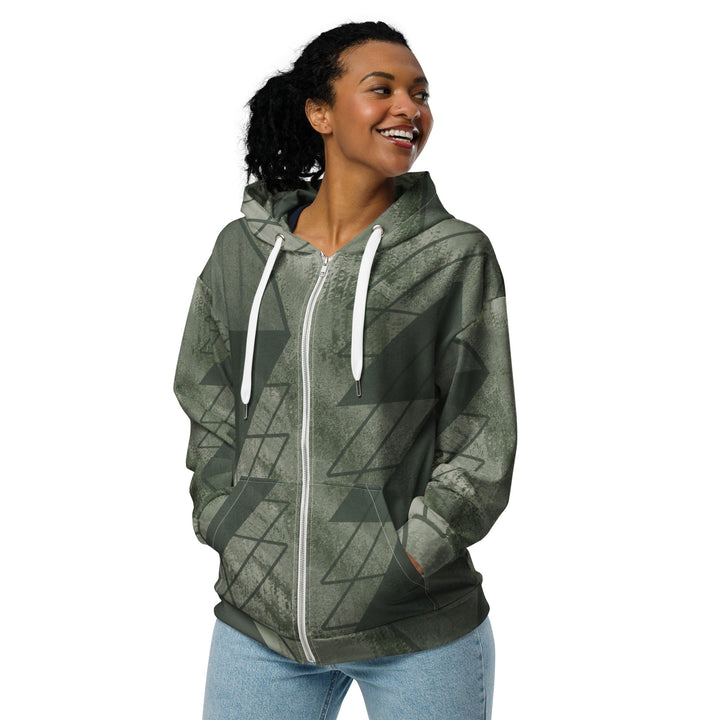 Womens Graphic Zip Hoodie Olive Green Triangular Colorblock