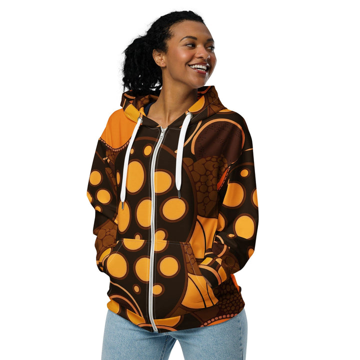 Womens Graphic Zip Hoodie Orange Brown Spotted Print