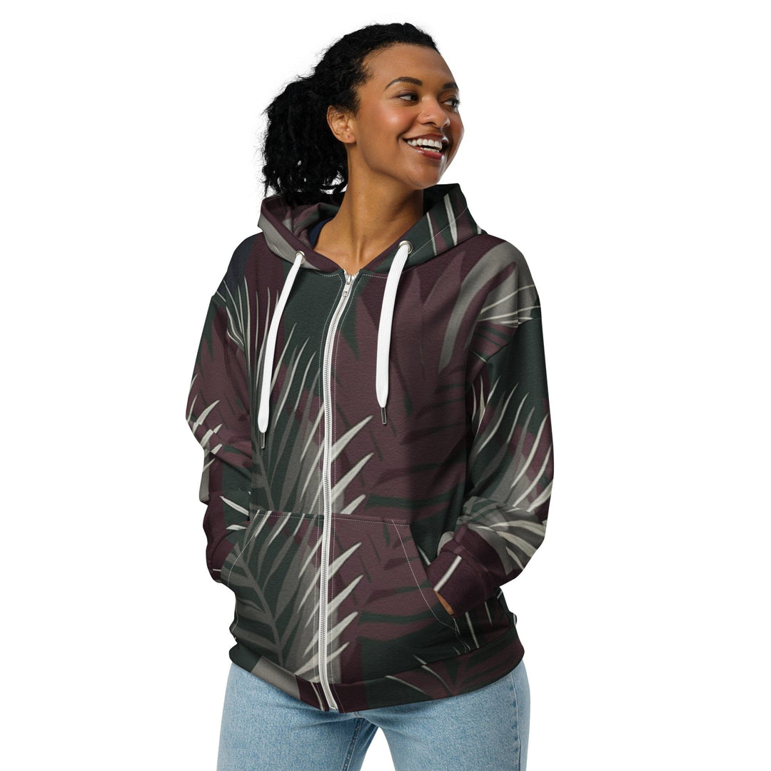 Womens Graphic Zip Hoodie Palm Tree Leaves Maroon Green Background