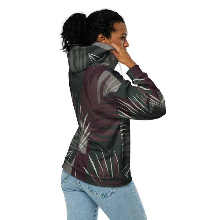 Womens Graphic Zip Hoodie Palm Tree Leaves Maroon Green Background