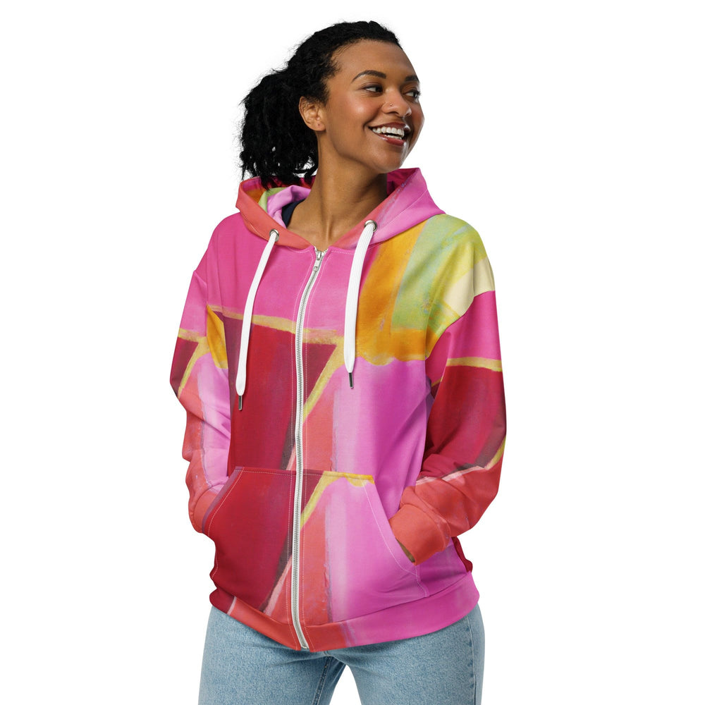 Womens Graphic Zip Hoodie Pink Mauve Red Geometric Pattern