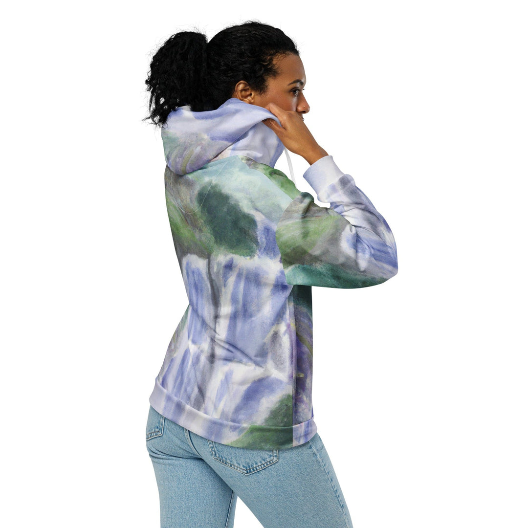 Womens Graphic Zip Hoodie Purple Watercolor Waterfall Green Landscape