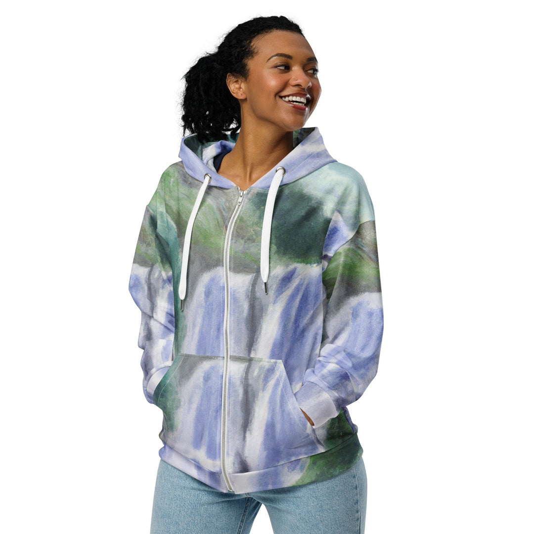 Womens Graphic Zip Hoodie Purple Watercolor Waterfall Green Landscape