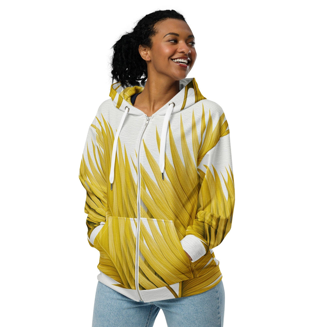 Womens Graphic Zip Hoodie Yellow Palm Leaves