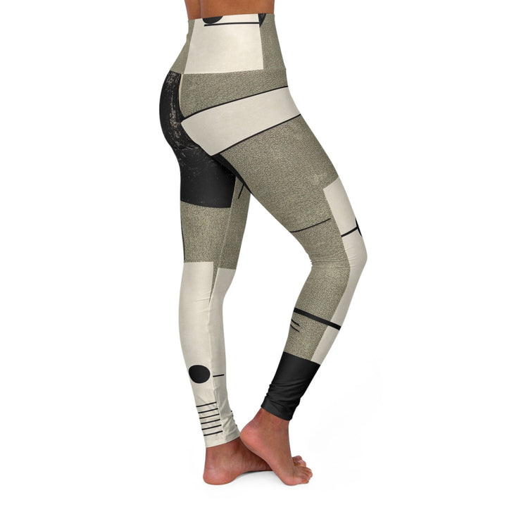 Womens High-waist Fitness Legging Yoga Pants - Abstract Black Beige Brown