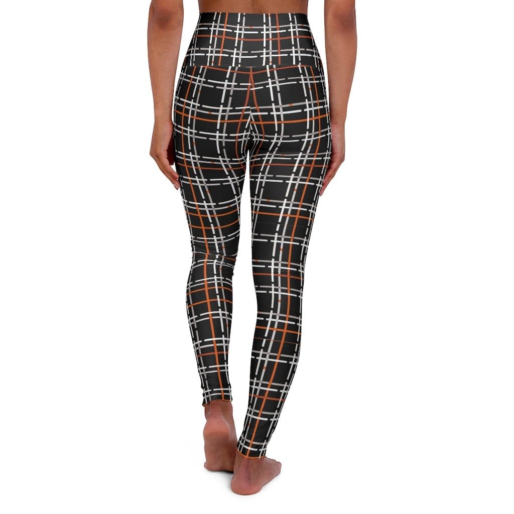 Womens High-waist Fitness Legging Yoga Pants - Black Orange Tartan - Womens