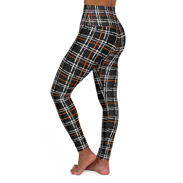 Womens High-waist Fitness Legging Yoga Pants - Black Orange Tartan - Womens