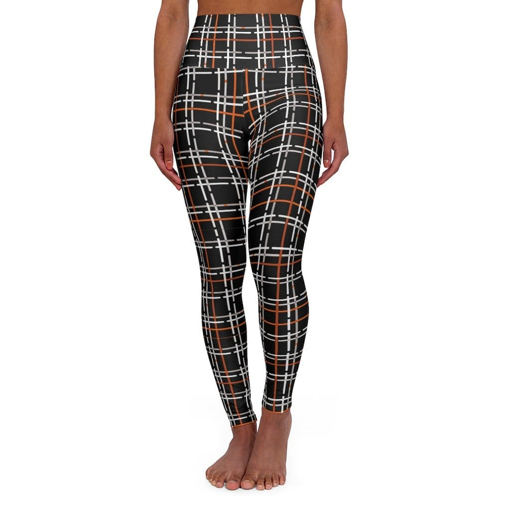 Womens High-waist Fitness Legging Yoga Pants Black Orange Tartan - Womens