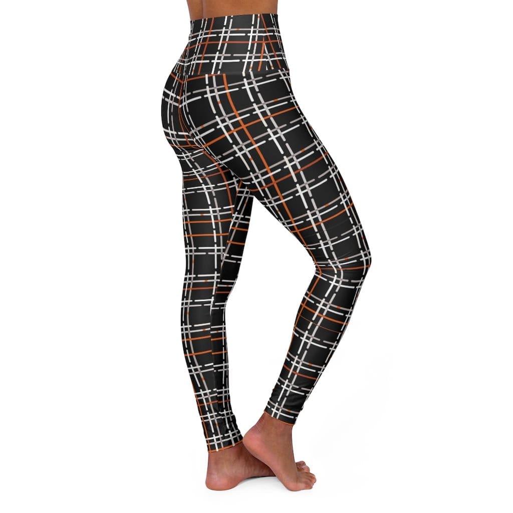 Womens High-waist Fitness Legging Yoga Pants Black Orange Tartan - Womens