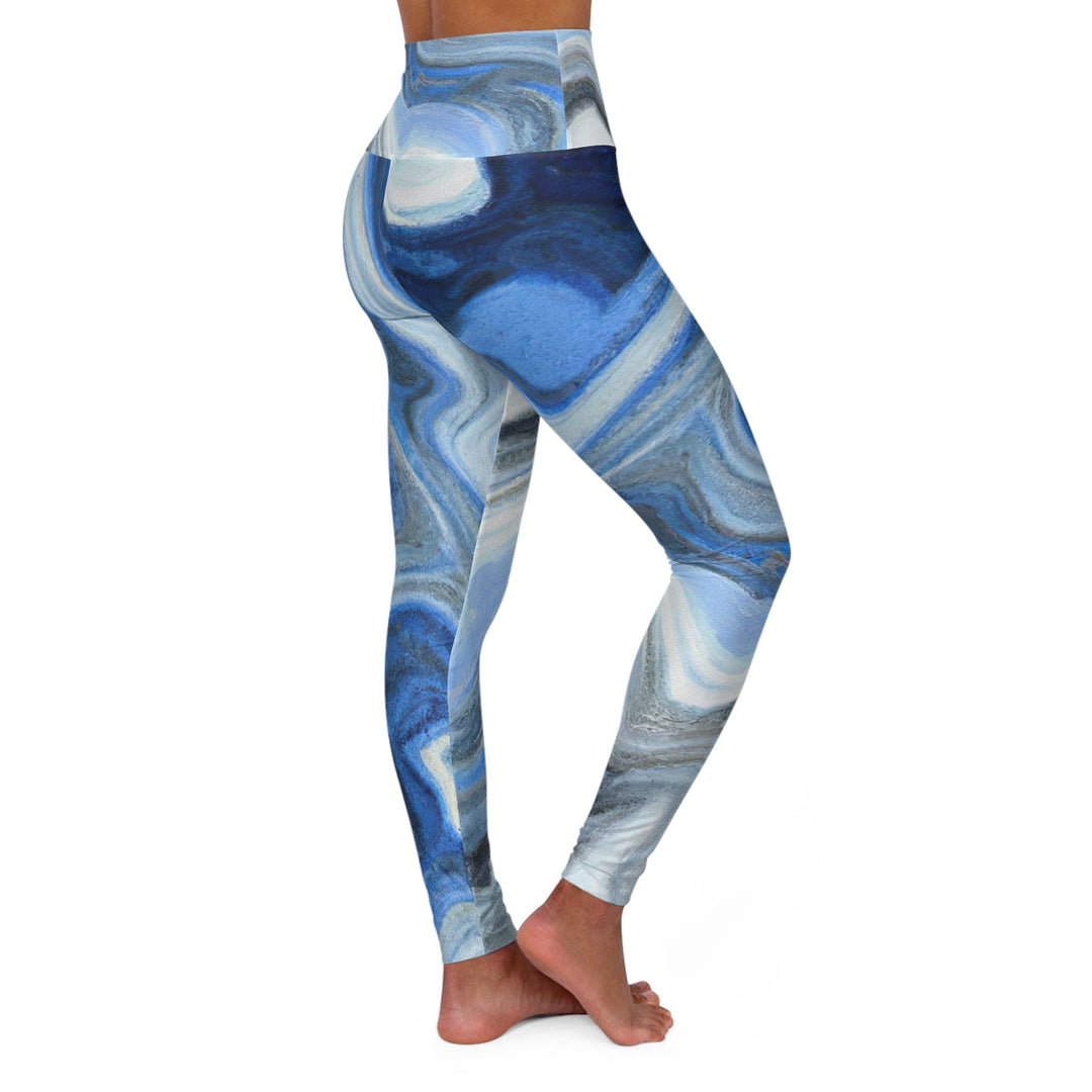 Womens High-waist Fitness Legging Yoga Pants Blue Grey Marble Print - Womens