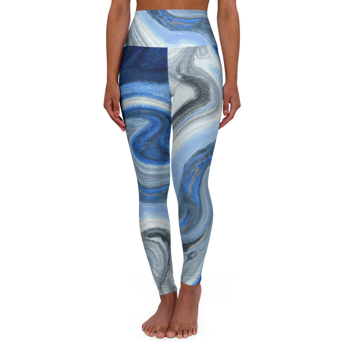 Womens High-waist Fitness Legging Yoga Pants Blue Grey Marble Print - Womens