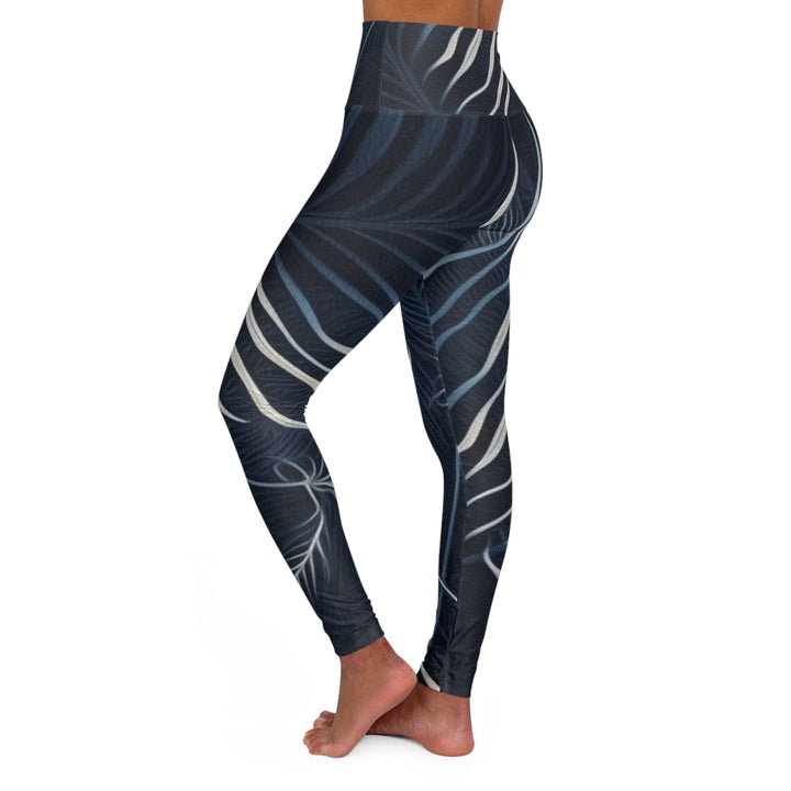 Womens High-waist Fitness Legging Yoga Pants Blue White Palm Leaves - Womens