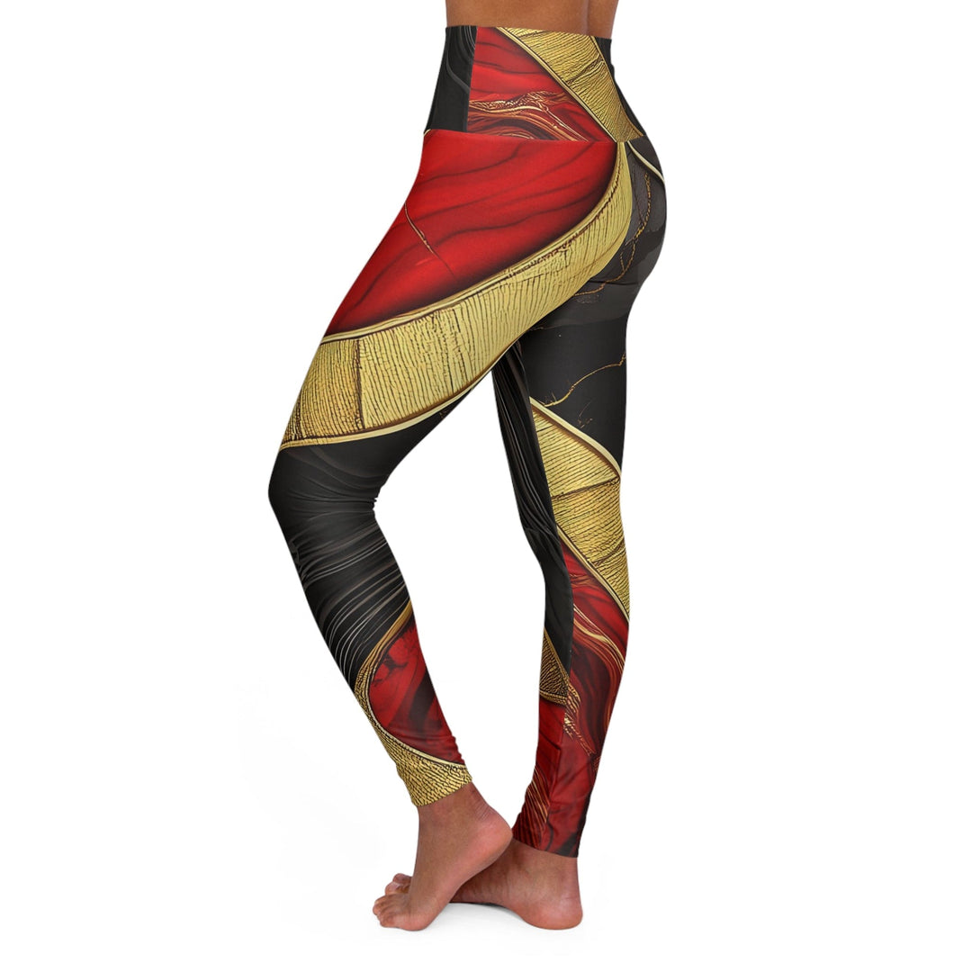 Womens High-waist Fitness Legging Yoga Pants Bold Red Gold Tones Print - Womens