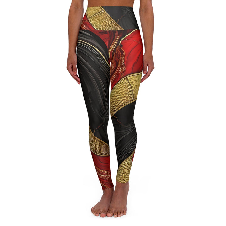 Womens High-waist Fitness Legging Yoga Pants Bold Red Gold Tones Print - Womens