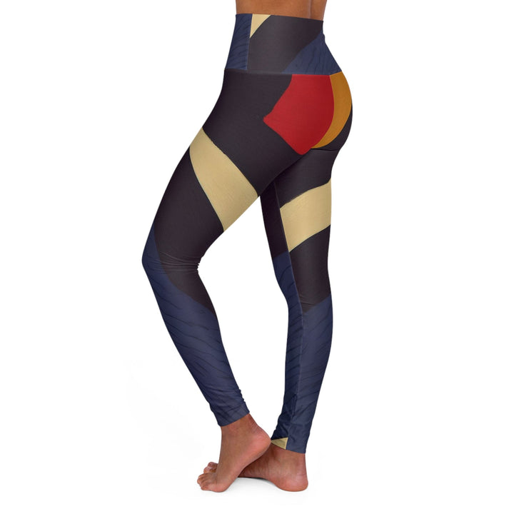 Womens High-waist Fitness Legging Yoga Pants - Brown Red Blue Colorblock Lines