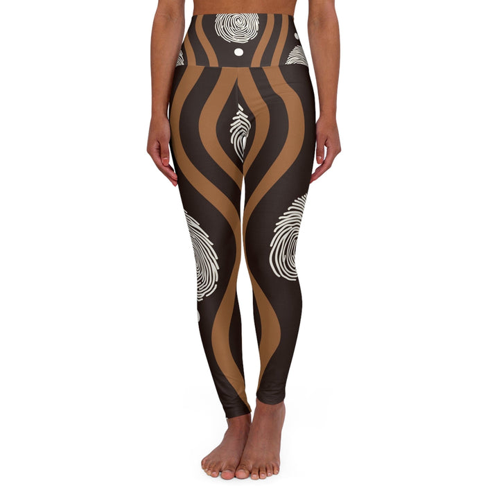 Womens High-waist Fitness Legging Yoga Pants - Brown White Geometric Lines