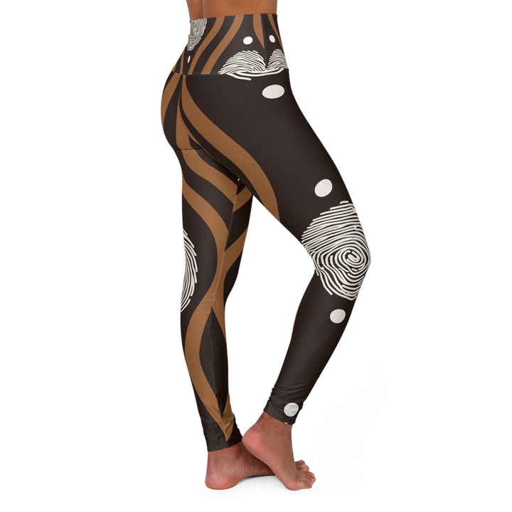 Womens High-waist Fitness Legging Yoga Pants - Brown White Geometric Lines