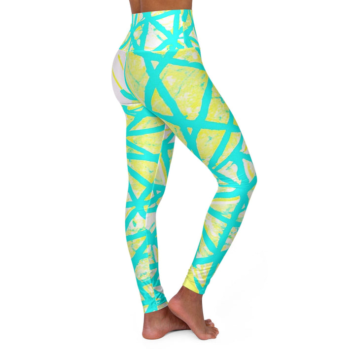 Womens High-waist Fitness Legging Yoga Pants - Cyan Blue Lime Green and White