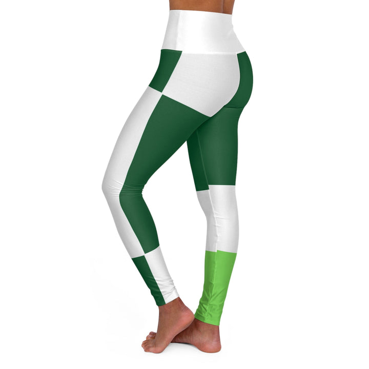 Womens High-waist Fitness Legging Yoga Pants - Green White Colorblock Grid