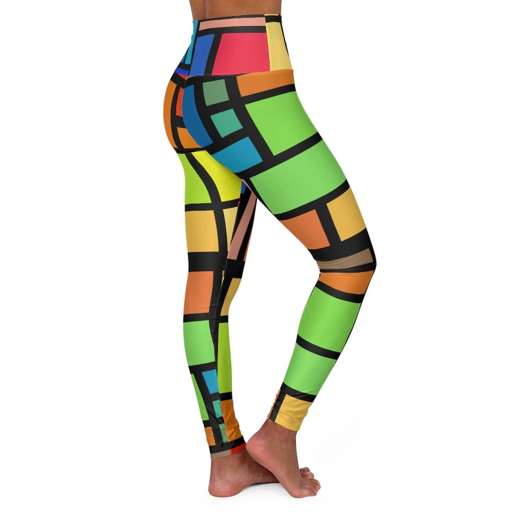 Womens High-waist Fitness Legging Yoga Pants Multicolor Grid Block - Womens