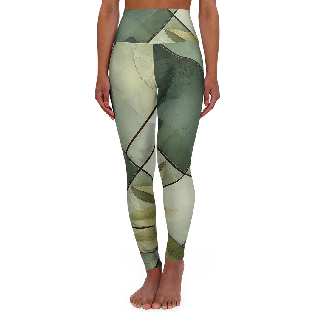 Womens High-waist Fitness Legging Yoga Pants Olive Green Mint Leaf Geometric